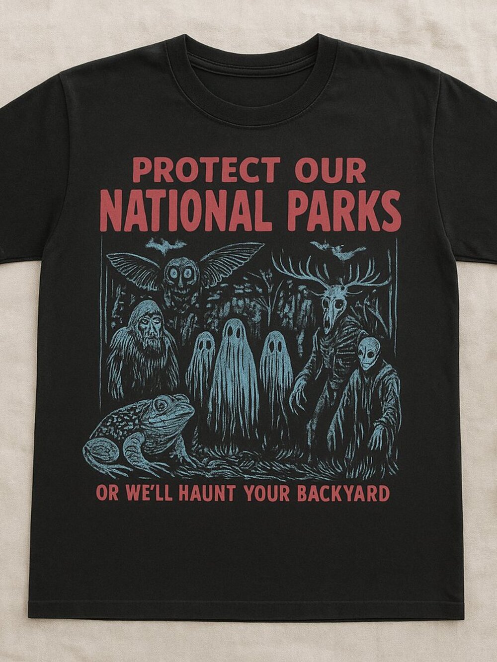 Protect Our National Parks Cryptid Ghosts Graphic Tee Washed Black